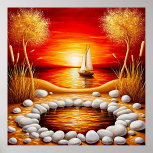 Poster Coucher de soleil serein sur un lac avec voilier