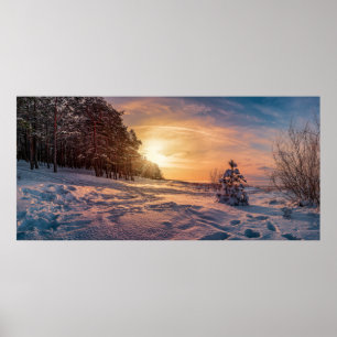 Poster Coucher de soleil sur la côte de la mer d'hiver