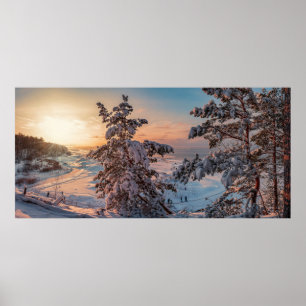 Poster Coucher de soleil sur la côte de la mer enneigée h