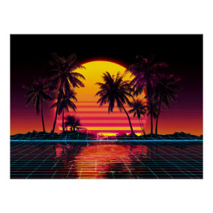Poster Coucher de soleil sur la paume de la grille néon