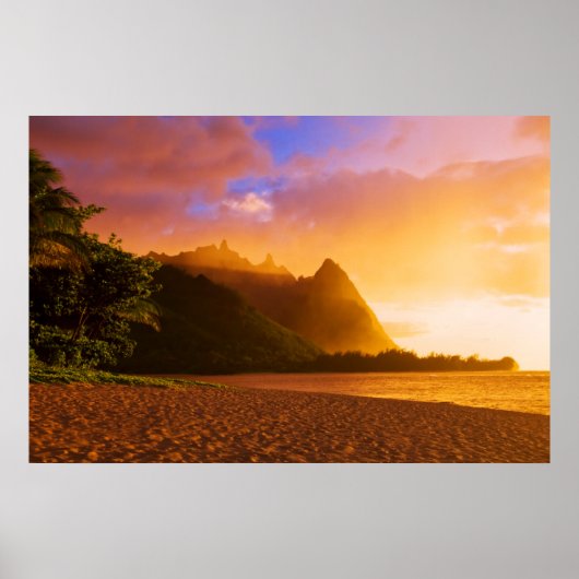 Poster Coucher de soleil sur la plage dorée, Hawaï (Devant)