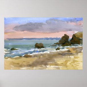 Poster Coucher de soleil sur la plage rocheuse de la mer