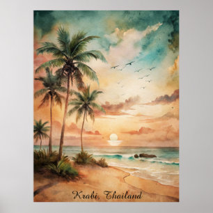 Poster Coucher de soleil sur la plage tropicale de Krabi 