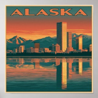 Poster Coucher de soleil sur la ville d'Alaska