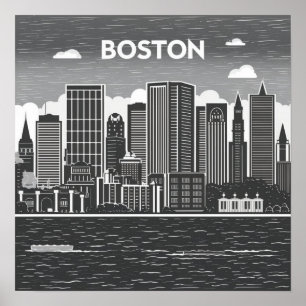 Poster Coucher de soleil sur la ville de Boston, Massachu