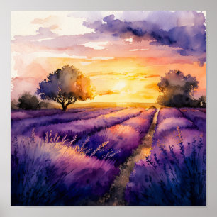 Poster Coucher de soleil sur l'aquarelle du champ de lava