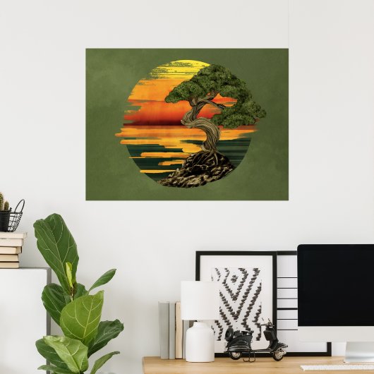 Poster Coucher de soleil sur l'arbre Bonsai (Bureau à domicile)