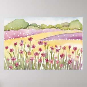 Poster Coucher de soleil sur le champ de fleurs roses Pei