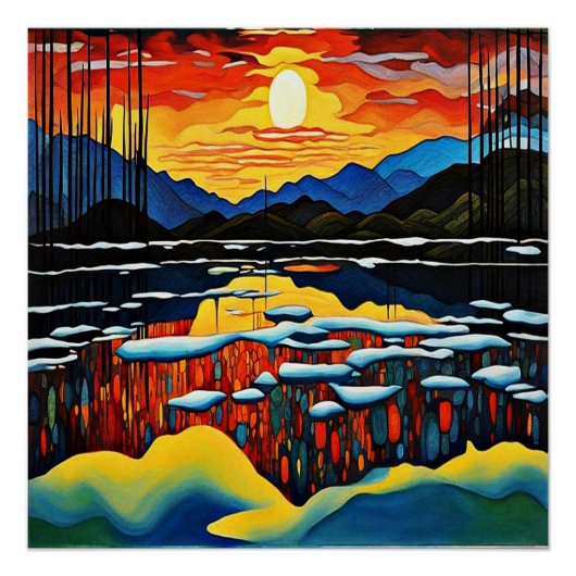 Poster Coucher de soleil sur le lac gelé 2 (Devant)