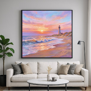 Poster Coucher de soleil sur le rivage du phare - Style d