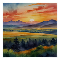 Coucher de soleil sur les montagnes Aquarelle