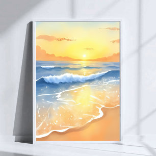 Poster Coucher de soleil sur les vagues de l'océan Aqua
