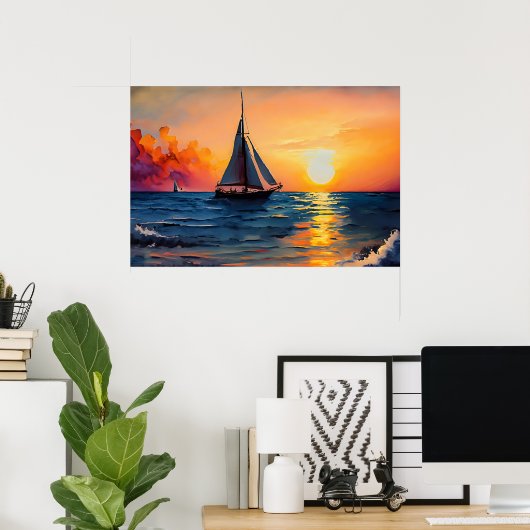 Poster Coucher de soleil sur l'océan avec voilier (Bureau à domicile)