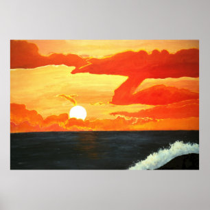 Poster Coucher de soleil sur l'océan pacifique orange cou