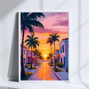 Poster Coucher de soleil sur Miami Beach   Aquarelle de l