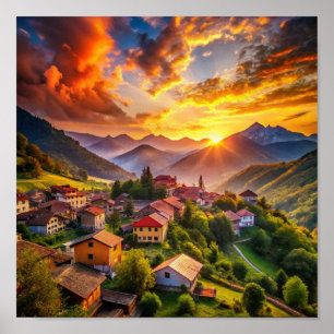 Poster Coucher de soleil sur Mountain Village Terre rad