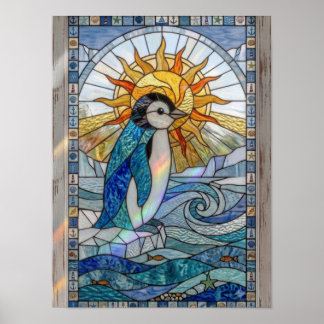 Poster Coucher de soleil sur pingouin Océan Art de verre