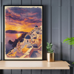 Poster Coucher de soleil sur Santorin – Grèce Rétro au bo