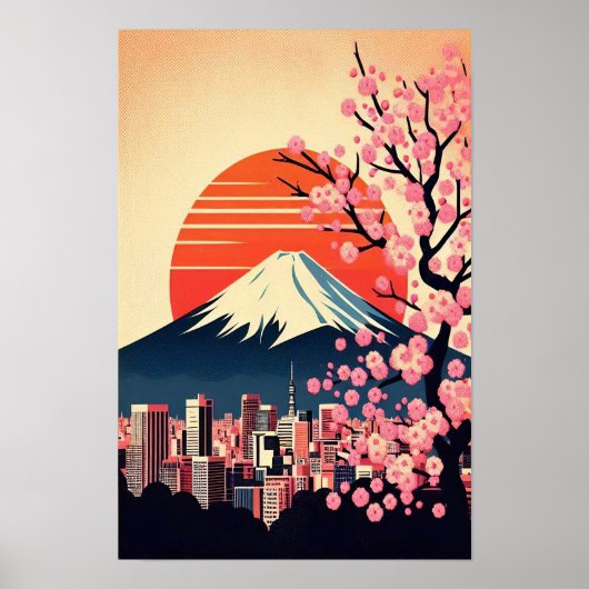 Poster Coucher de soleil sur Tokyo avec fleurs de cerisie (Devant)