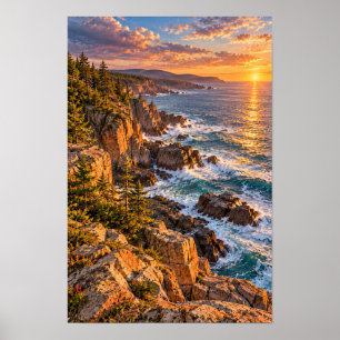 Poster Coucher de soleil sur une côte rocheuse et vagues