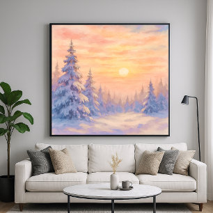 Poster Coucher de soleil sur une forêt enneigée - Art de