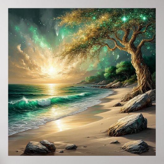Poster Coucher de soleil sur une plage tranquille avec un (Devant)