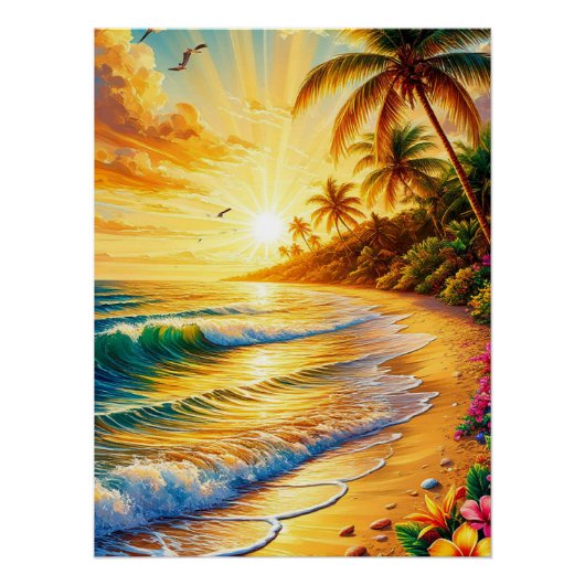 Poster Coucher de soleil sur une plage tropicale avec des (Devant)