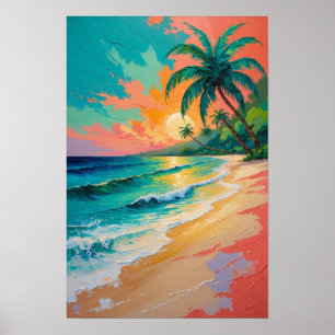 Poster Coucher de soleil sur une plage tropicale avec pal