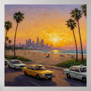 Poster Coucher de soleil sur une ville côtière avec palmi