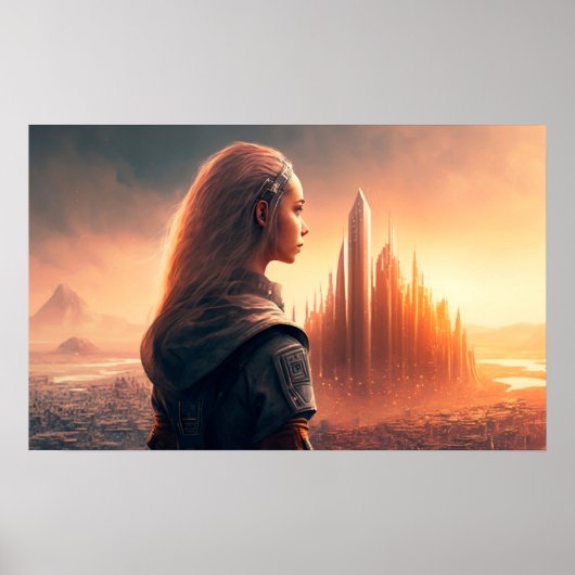 Poster Coucher de soleil sur une ville du futur (Devant)