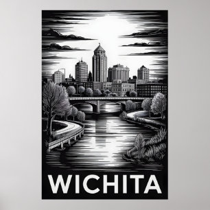 Poster Coucher de soleil sur Wichita Kansas en noir et bl