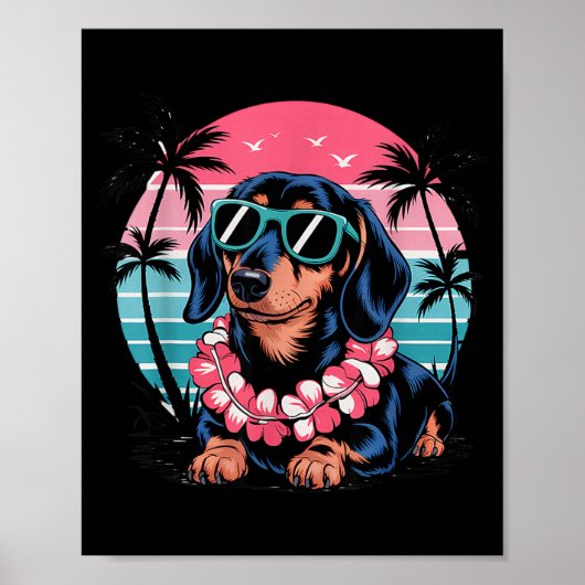 Poster Coucher de soleil teckel Hawaï style d'été (Devant)