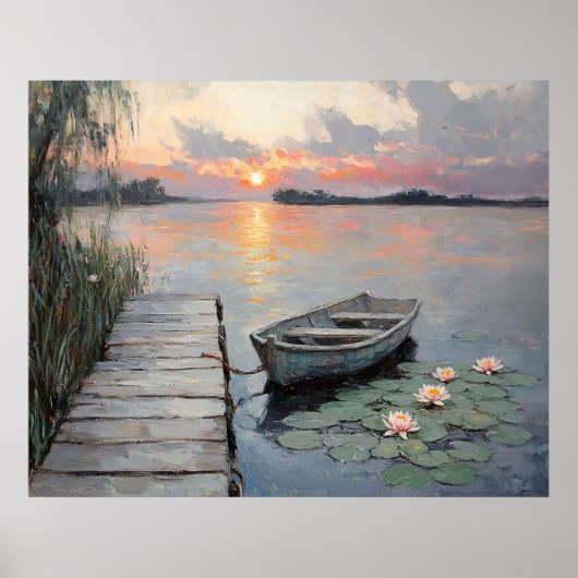Poster Coucher de soleil tranquille sur une barque sur un (Devant)