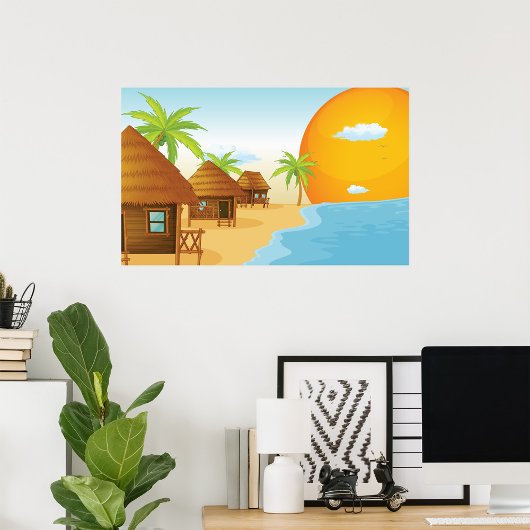 Poster Coucher de soleil tropical avec des huttes de chau