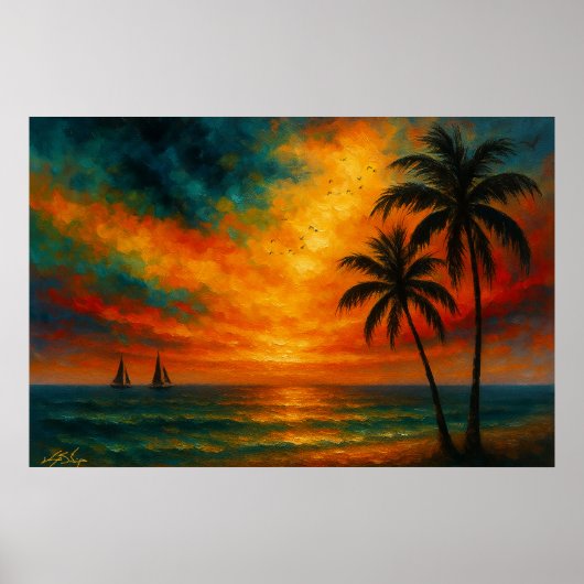 Poster Coucher de soleil tropical avec voiliers (Devant)
