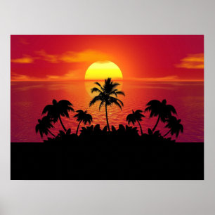 Poster Coucher de soleil tropical Palmiers Silhouette Pla