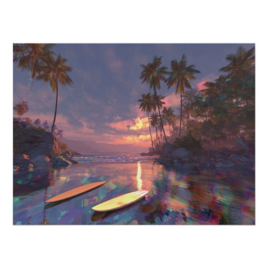 Poster Coucher de soleil tropical rêveur avec reflets de (Devant)