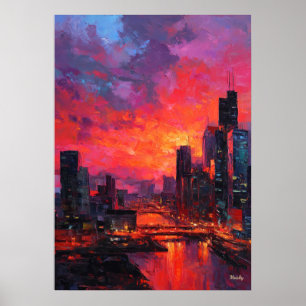 Poster Coucher de soleil vibrant sur la skyline néo-expre