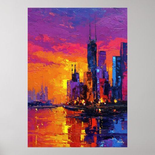 Poster Coucher de soleil vibrant sur la skyline néo-expre (Devant)