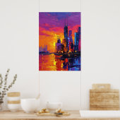 Poster Coucher de soleil vibrant sur la skyline néo-expre (Cuisine)