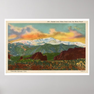 Poster Coucher de soleil vintage sur Pikes Peak, Colorado