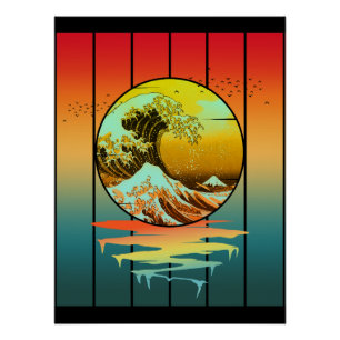 Poster Coucher de soleil vintage vague japonaise Kanagawa