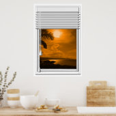 Poster Coucher De Soleil Vue Mer Fenêtre Faux Avec Aveugl (Cuisine)