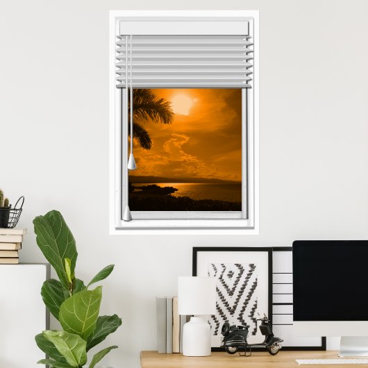 Poster Coucher De Soleil Vue Mer Fenêtre Faux Avec Aveugl (Bureau à domicile)