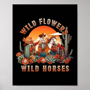 Poster Coucher du soleil fille équitation Cheval Fleurs s