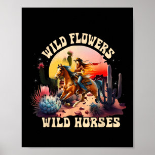 Poster Coucher du soleil fille équitation Cheval Fleurs s