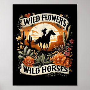 Poster Coucher du soleil fille équitation Cheval Fleurs s