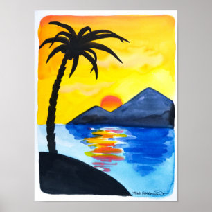 Poster Coucher du soleil sur la plage - illustration