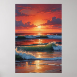 Poster Coucher Rouge Océan Peinture de paysage marin