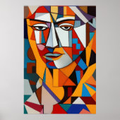 Poster Couleur Abstrait visage Cubisme rouge violet bleu  (Devant)